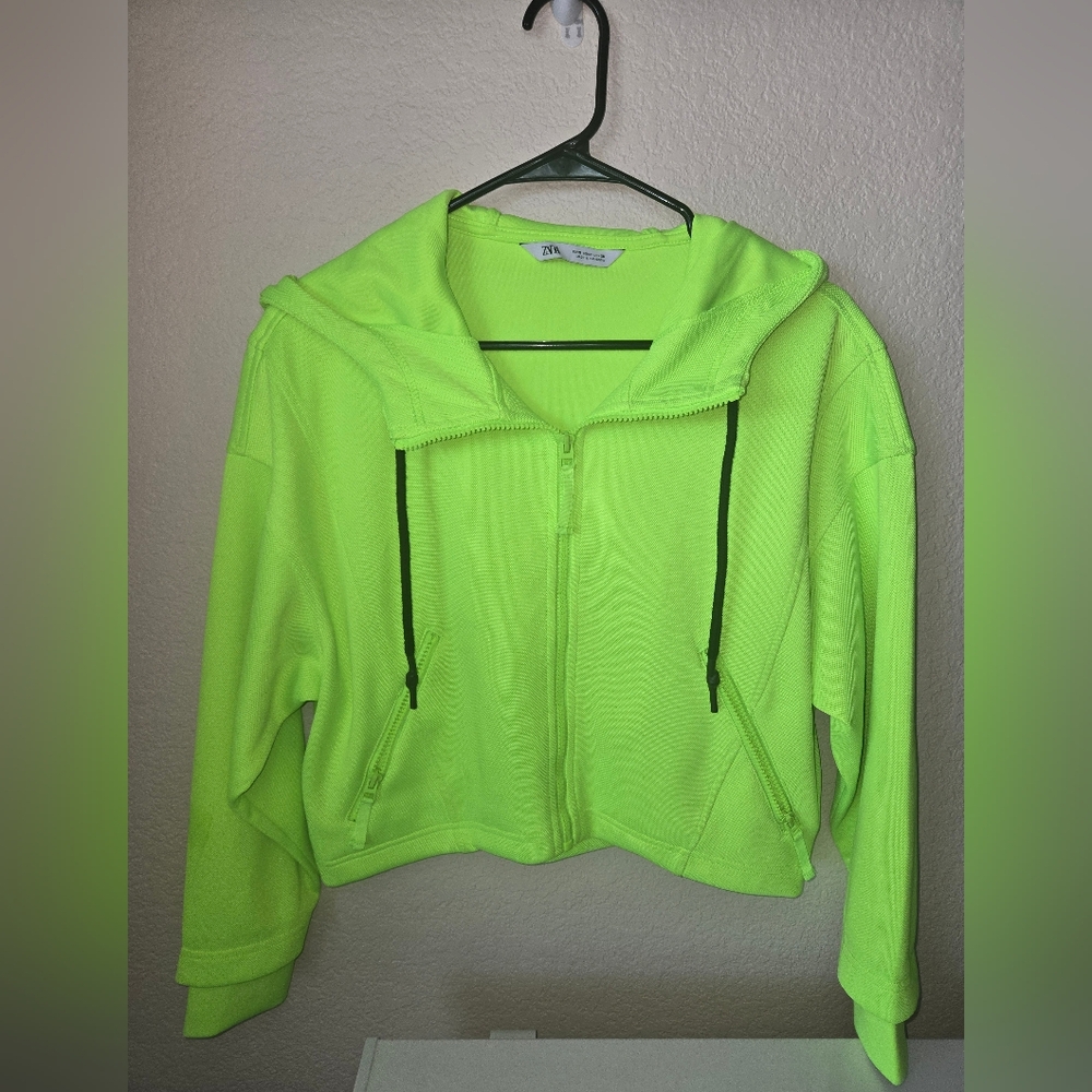 ZARA Women's Crop Hoodie Jacket Long Sleeve Neon Green Yellow Size S Full Zipper